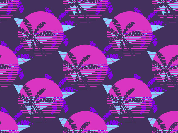 Futuristic palm tree and sun seamless pattern. Synthwave retro background 1980s style. Retrowave. Vector illustration - Vector, Image