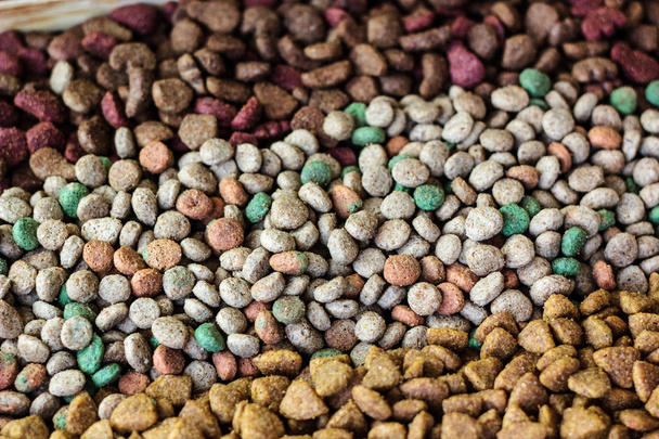 Dry pet food background - three kinds. Meat. - Фото, изображение