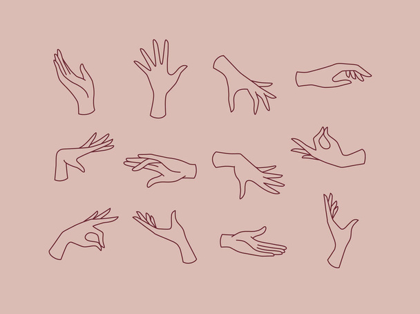 Hands icons drawing in flat style on pink brown background - Vector, Image