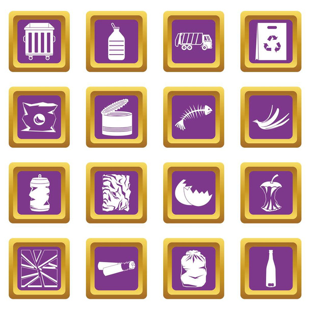 Waste and garbage icons set purple - Vector, Image
