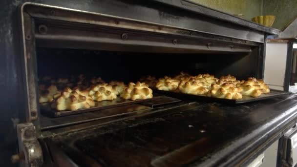 Το ψήσιμο των προϊόντων ζύμης στο φούρνο στο αρτοποιείο - Πλάνα, βίντεο