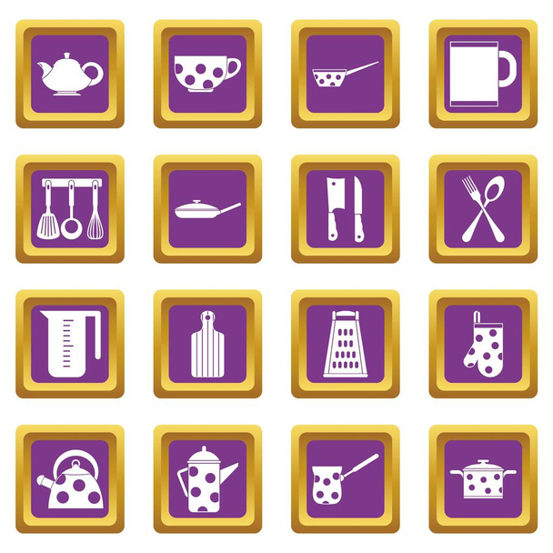 Kitchen tools and utensils icons set purple - Vektor, Bild