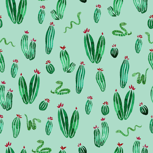 Cactus and snakes horizontal seamless watercolor pattern on light green background - Foto, afbeelding
