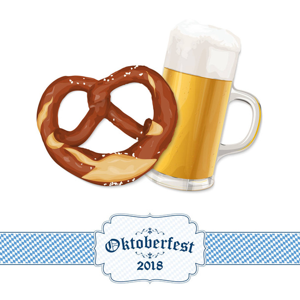 プレッツェルとビールのグラスが付いたオクトーバーフェスト2018の背景 - ベクター画像