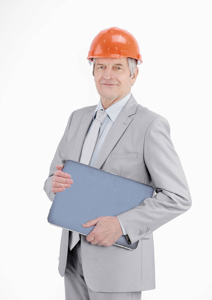 senior engineer with a laptop isolated on a white - Φωτογραφία, εικόνα