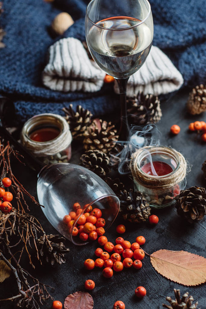  wine in glasses ,red berries,bumps and autumn branches on dark table. Autumn or Winter concept. - Valokuva, kuva
