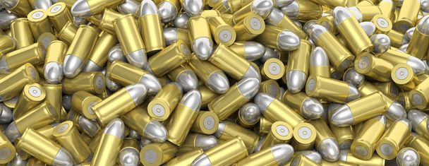 Muitas balas de prata dourada empilhadas, fundo completo, banner. 3d ilusão
 - Foto, Imagem