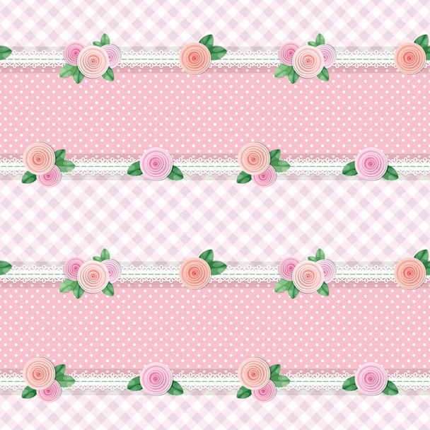 Shabby chic textile pattern background. Girly. Different fabric pieces collage, decorated with lace and roses. Raster copy - Vector, afbeelding