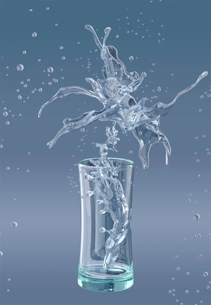 Alcohol, water, juice liquid splashes out of glass, decorative. 3D illustration - Фото, изображение