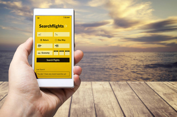 Airline flights online mobile app. Imaginary low cost carrier application on mobile device.  - Photo, Image