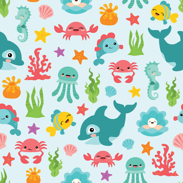 Vector Cute Sea Animals Seamless Pattern Background. Perfect for fabric, scrapbooking, kids, stationary, and home decor projects. - Vektör, Görsel