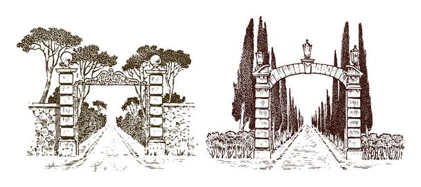 Oldtimer-Tore. Viktorianische Türen oder ein antiker Bogen. Eingang in den Garten oder in den Park im Hintergrund der Bäume. gravierte handgezeichnete alte Skizze. Vektorillustration - Vektor, Bild
