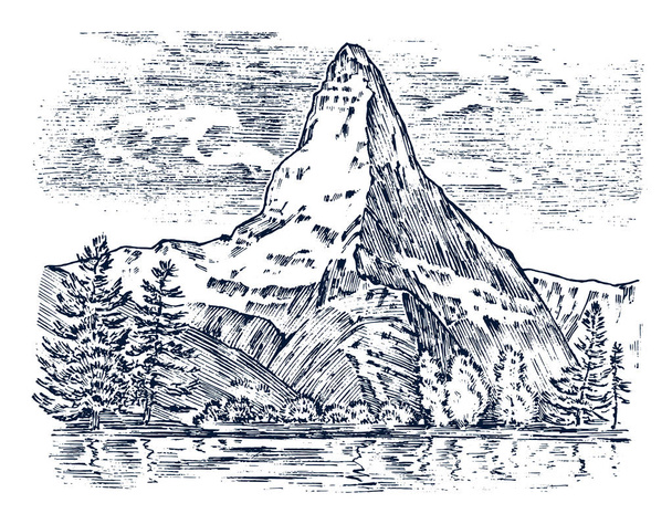 Berggipfel, altes Matterhorn, alt aussehende Handzeichnungen, Skizzen oder Gravuren, verschiedene Versionen zum Wandern, Klettern. Landschaft der Natur. Tal mit grünen Bäumen. Vektorillustration. - Vektor, Bild