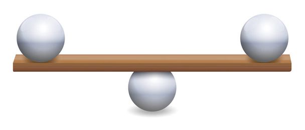 Instabiles Gleichgewicht mit drei Eisenkugeln und einem Holzbrett. symbolisch für Instabilität, Unsicherheit, Unsicherheit oder einen heiklen Balanceakt. isolierte Vektordarstellung auf weißem Hintergrund. - Vektor, Bild