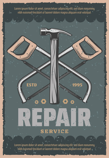 Vector retro poster of repair saw and hammer - Vector, Image