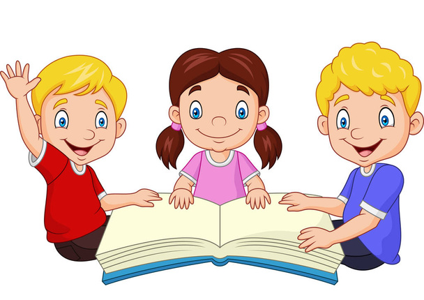 Wektor ilustracja kreskówka szczęśliwy dzieci, czytanie książki - Wektor, obraz