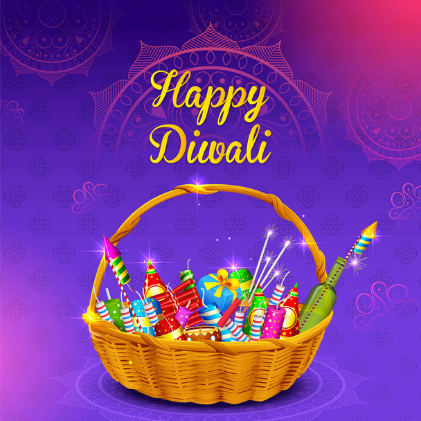 Fogo de artifício na cesta para presente no fundo Feliz Diwali Holiday para o festival de luz da Índia
 - Vetor, Imagem