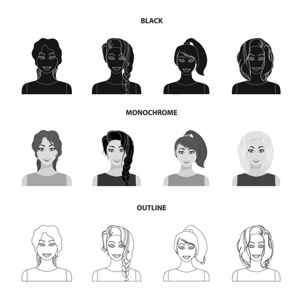 Види жіночих зачісок чорний, монохромний, контурні піктограми в наборі для дизайну. Зовнішній вигляд жінки Векторний символ стокова веб-ілюстрація
. - Вектор, зображення