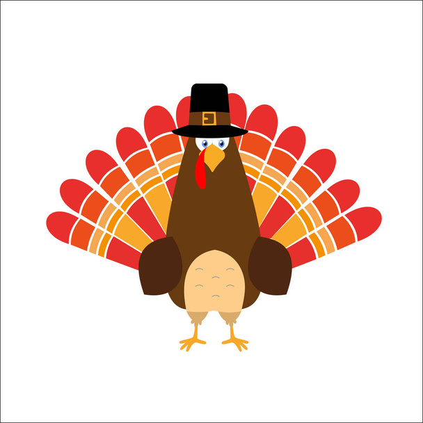 Chapeau de pèlerin de dinde de plumes rouges de jour de Thanksgiving, style plat, plumes rouges. Mignon dessin animé
. - Vecteur, image