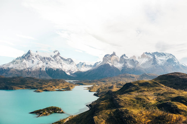 Panoramic of The Torres del Paine National Park Torres del Paine is a national park encompassing mountains, glaciers, lakes, and rivers in southern Patagonia, Chile. - Photo, Image