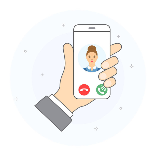 Concept of incoming call on smartphone screen. Hand holding smartphone with incoming call from young woman, icons of accept call and reject call. Hand drawn style, vector illustration. - Vector, Image