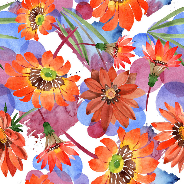 Watercolor orange gazania flowers. Floral botanical flower. Seamless background pattern. - Photo, Image