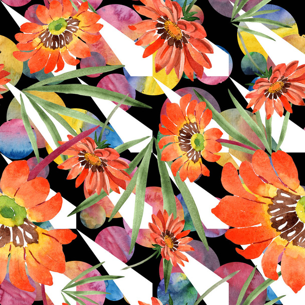 Ακουαρέλα gazania πορτοκαλί λουλούδια. Floral βοτανικό λουλούδι. Απρόσκοπτη υπόβαθρο μοτίβο. - Φωτογραφία, εικόνα