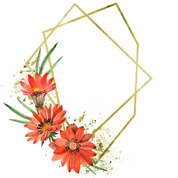 Aquarel oranje gazania bloemen. Floral botanische bloem. Frame grens ornament vierkant. Aquarelle wildflower voor achtergrond, textuur, wrapper patroon, frame of rand. - Foto, afbeelding