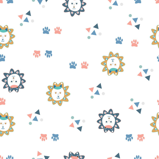 Lion faces, paws, triangles and circles safari seamless pattern. Small doodle hand drawn lions and vector shapes on white background. Seamless vector illustration pattern for baby/children fabric, clothes/accessories, background, textile, wrapping pa - Vector, Image
