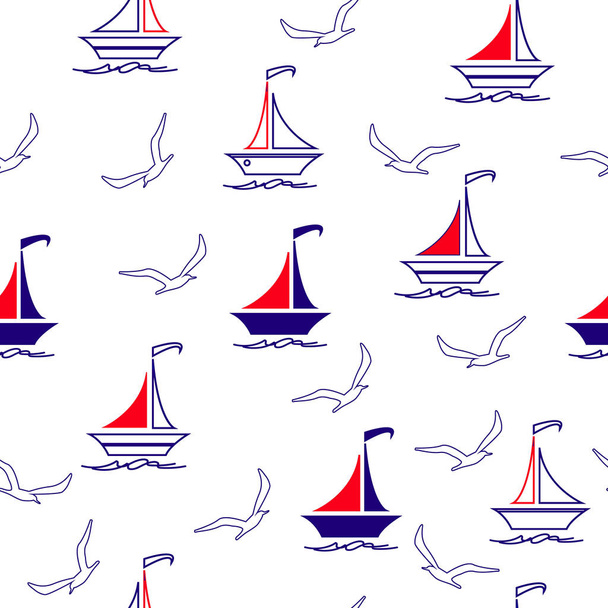 Sailing boats and seagulls seamless vector illustration pattern for fabric, clothes/accessories, background, textile, wrapping paper and other decoration. - Vektori, kuva