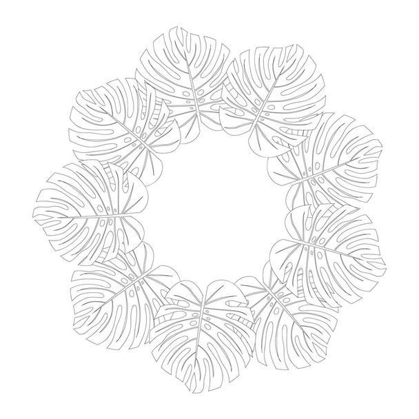 Philodendron Monstera Leaf Wreath Outline isolated on White Background. Vector Illustration. - Vektör, Görsel