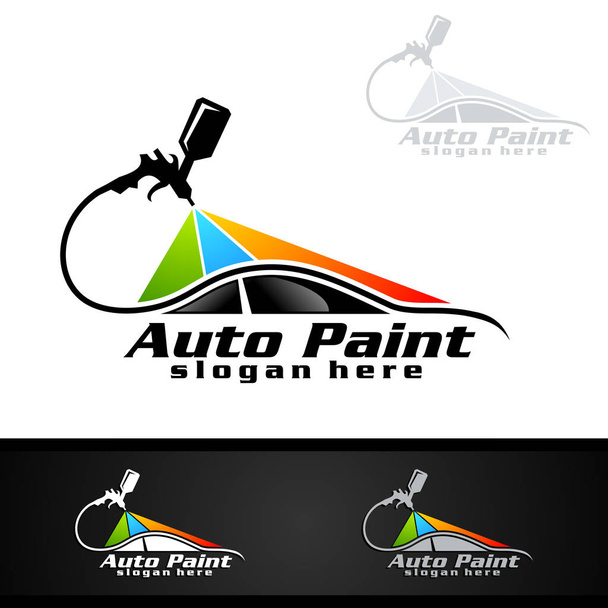 Logo de pintura de coche con pistola de pulverización y concepto de vehículo colorido único
 - Vector, Imagen