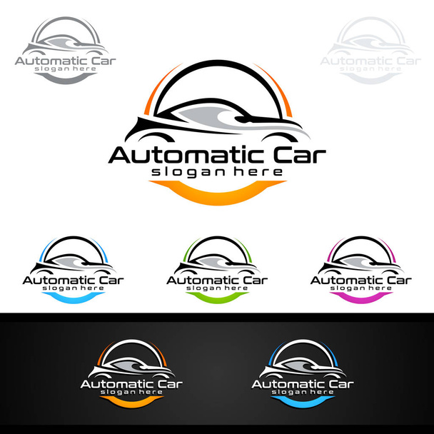 Diseño de logotipo de coche de estilo automático con concepto de silueta icono de vehículo deportivo sobre fondo gris claro. Ilustración vectorial - Vector, Imagen