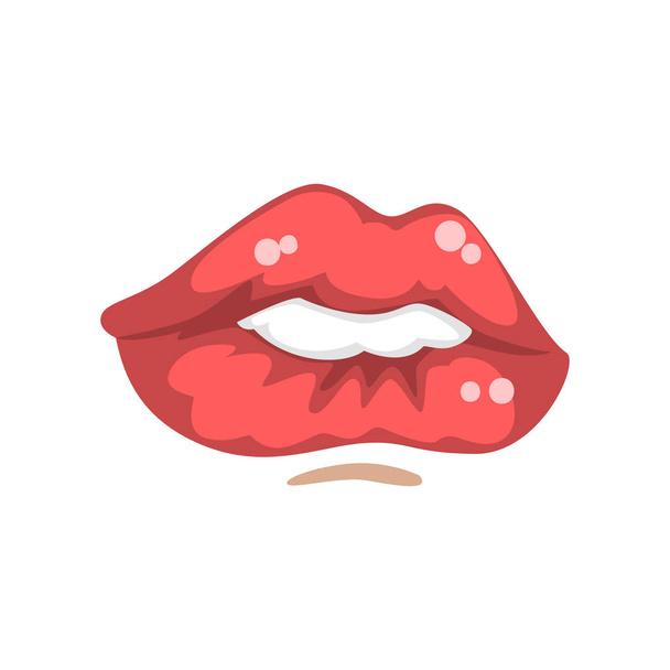 Piękne kobiece usta, gryzienie czerwone wargi dolnej, emocjonalne warg wektor młoda kobieta ilustracja na białym tle - Wektor, obraz