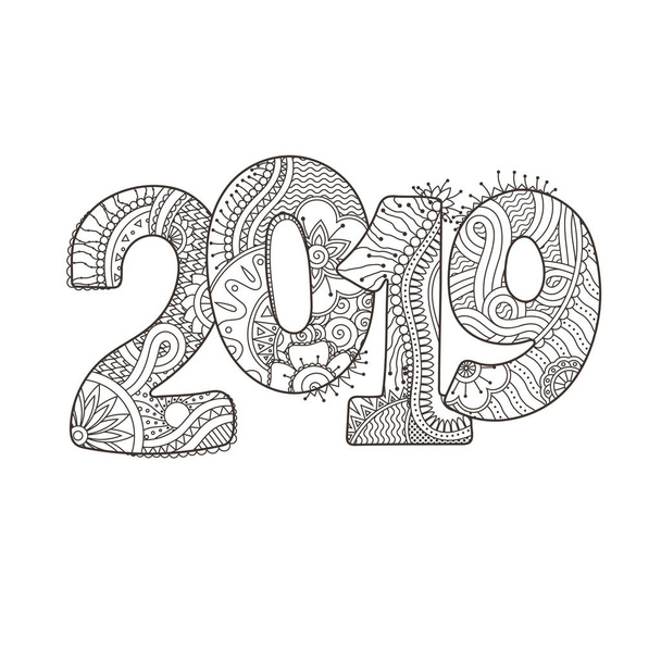 Feliz Año Nuevo 2019 número de celebración. Ilustración de Navidad vectorial en zentangle
. - Vector, Imagen