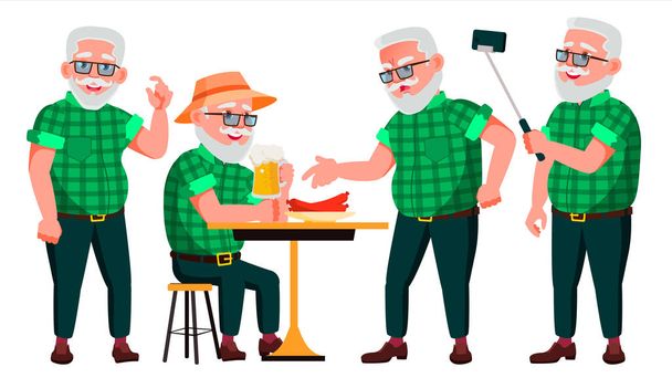 Old Man Poses Set Vector. Elderly People. Senior Person. Aged. Positive Pensioner. Advertising, Placard, Print Design. Isolated Cartoon Illustration - Vector, Image