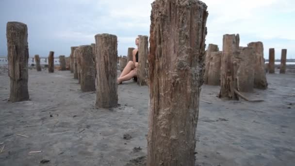 Молодая блондинка Ситтинф, окруженная кольями на побережье Солт-Ферта, облачная погода
 - Кадры, видео