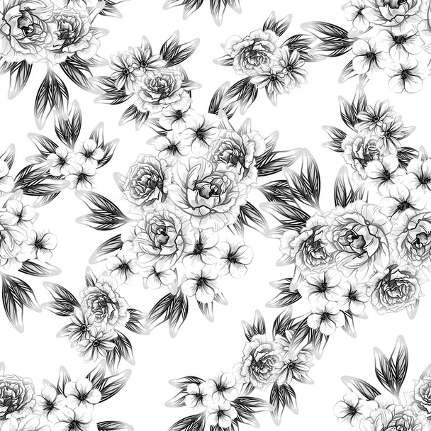 Seamless vintage style flower pattern. Floral elements in contour - Vektör, Görsel