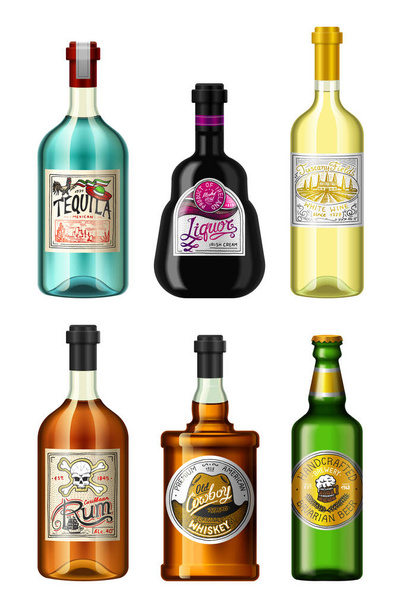 Alcohol drinks in a bottle with different vintage labels. Realistic Absent Liqueur Tequila Wine Whiskey Beer Rum. Vector illustration for the menu. logo engraved hand drawn. - Vector, Image