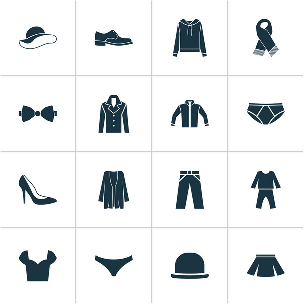 Jurk pictogrammen instellen met mannelijke schoenen, jas, sjaal en andere hiel schoeisel elementen. Geïsoleerde vector illustratie jurk pictogrammen. - Vector, afbeelding