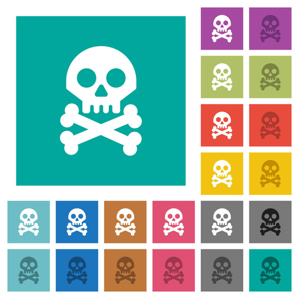 Cráneo con huesos iconos planos multicolores sobre fondos cuadrados lisos. Incluidas variaciones de iconos blancos y más oscuros para efectos de flotación o activos
. - Vector, imagen