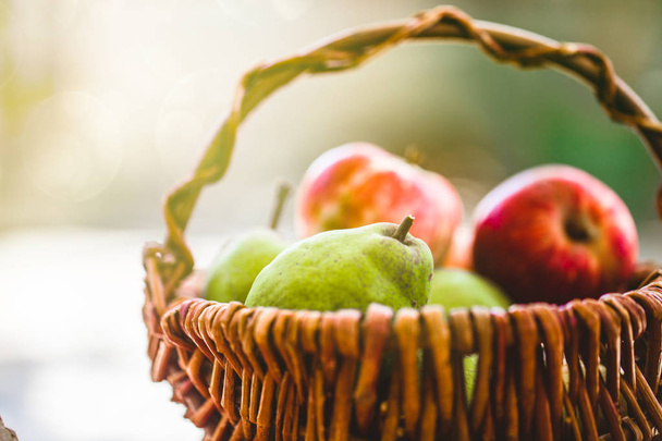 Fresh apples and pears on wood. Fresh organic fruit. Red apples - Fotó, kép