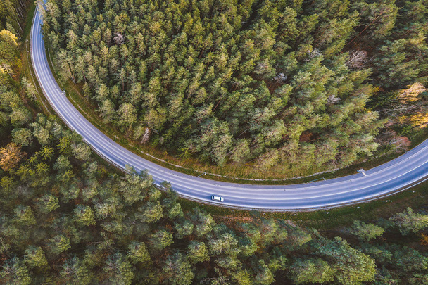 Luchtfoto van auto rijden door het bos op landweg. County in Kaunas, Litouwen - Foto, afbeelding