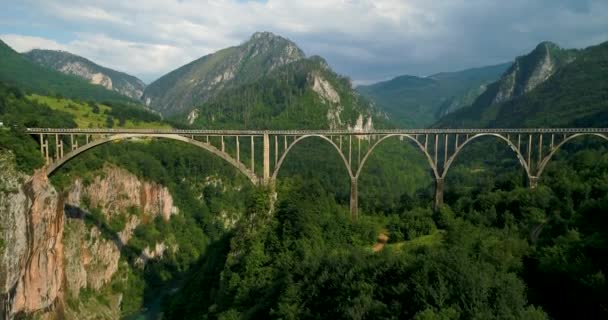 Luchtfoto van Durdevica Tara boog brug in de bergen, één van de hoogste auto bruggen in Europa. - Video