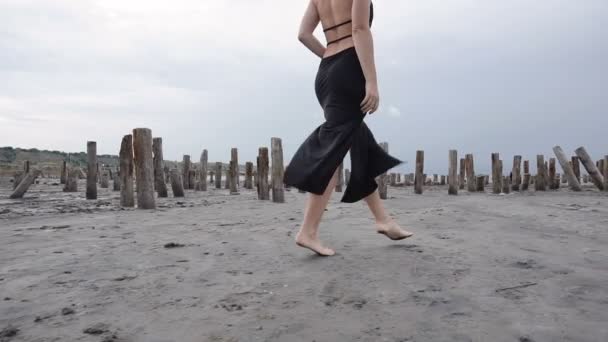 Adorable Slender Blonde Walk by Coast of Salt Firth with Healthy Black Mud. - Footage, Video