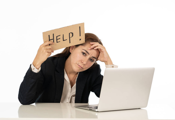 Stressed woman with laptop and sing help - Φωτογραφία, εικόνα