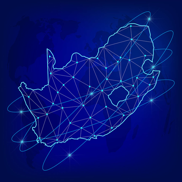 Concept de réseau logistique mondial. Carte du réseau de communication de l'Afrique du Sud sur le fond mondial. Carte de l'Afrique du Sud avec des nœuds de style polygonal. Illustration vectorielle EPS10
.  - Vecteur, image
