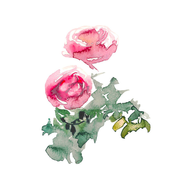 Bouquet with pink roses and green leaves on the white background. Watercolor romantic garden flowers sketch. Card template with message Summer. - Fotó, kép