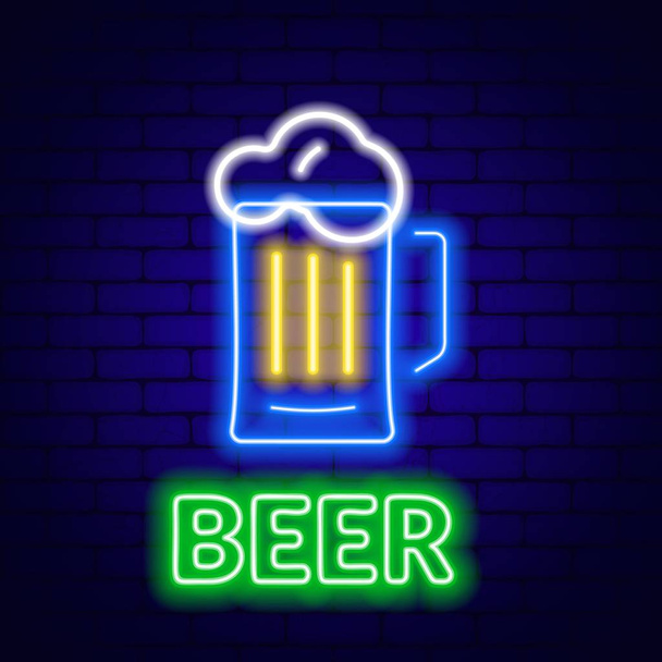 Neon beer sign on brick wall background. - Vector, Image