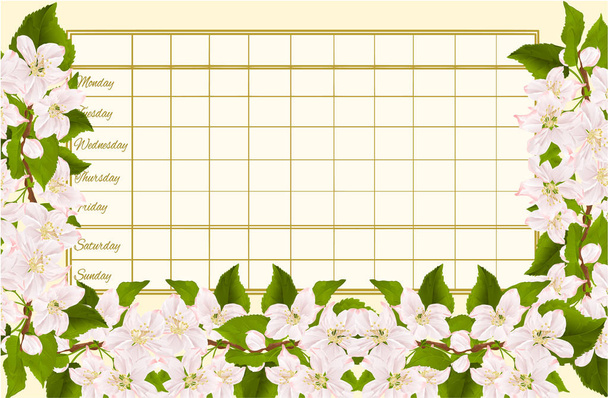 Timetable weekly schedule with twig of apple tree with flowers vintage vector Illustration editable hand draw - Vector, Image